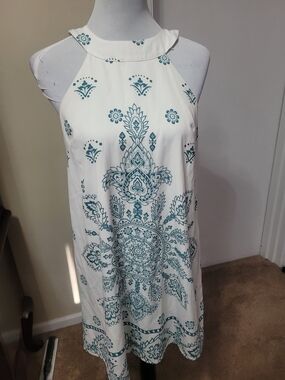 Filly Flair White Halter Dress with Teal Paisley Motif
